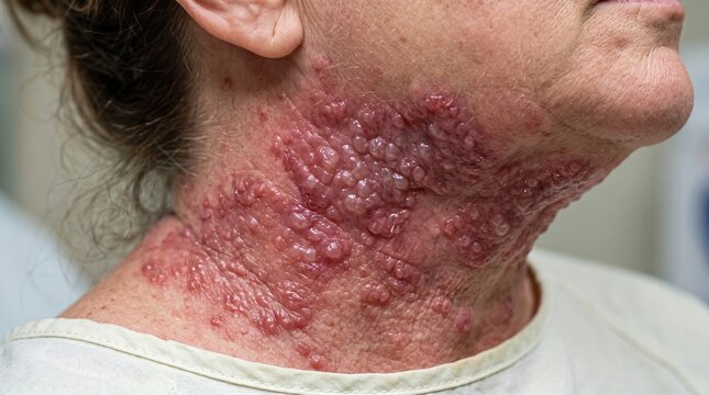 Severe painful herpes zoster shingles rash with fluid filled blisters on senior patient neck
