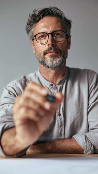 Focused Professional with Pen: A middle-aged man with a beard and glasses leans forward, holding a pen, ready to write or draw, exuding an air of concentration and expertise.