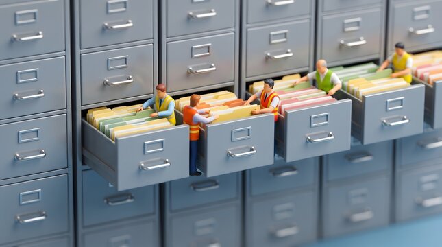 Miniature workers organizing files in a large archive cabinet data management and record keeping concept