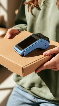 Contactless Payment: A person holds a cardboard package with a credit card terminal resting on top, ready for a seamless, contactless transaction.