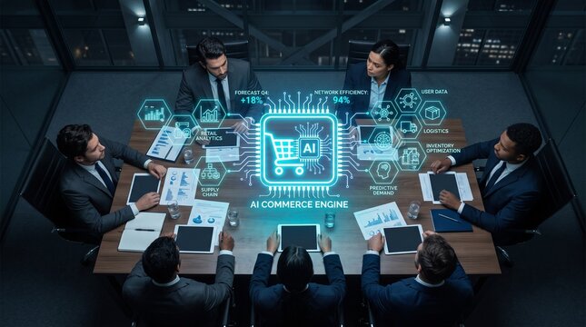 A dynamic business meeting set in a modern office, showcasing professionals engaging with digital data and artificial intelligence tools to drive innovation and strategy. Raster