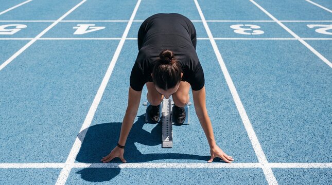 Vertical shot of female athlete taking position on her marks before run, sprinter preparing at starting line, sportswoman ready for race, fitness training, speed, competition and athletic performance