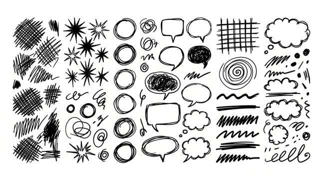 Hand drawn black doodle scribbles with abstract shapes, bursts, lines, circles and sketch marks, ideal for annotations, social media and graphic design