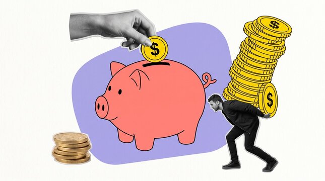 Composite photo collage of dissatisfied businessman carry golden coin stack piggy bank money success income isolated on painted background