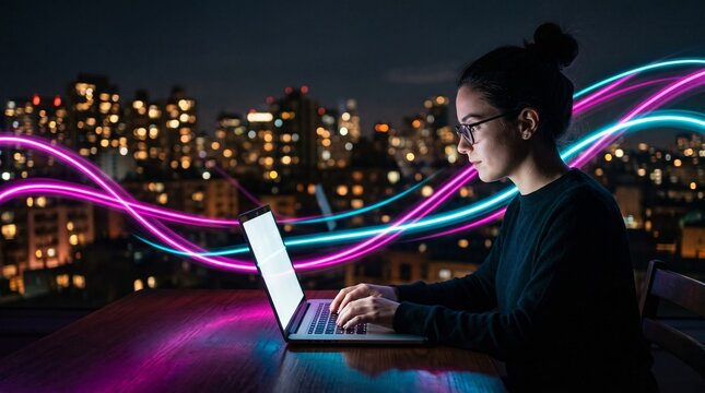 Focused young woman works on laptop computer with colorful neon light trails at night. Female freelancer uses digital tech in modern urban office. Creative pro programmer types on keyboard amidst
