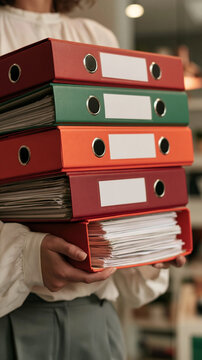 Stack of Binders: A person holds a tall stack of colorful binders filled with documents, suggesting organization and record-keeping in an office or study setting.