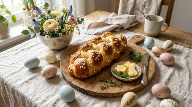Braided easter bread with pearl sugar on a wooden board, surrounded by pastel colored eggs and a small bouquet of spring flowers