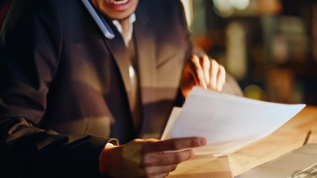 Closeup hands keeping documents. African american entrepreneur talking phone.