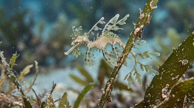Juvenile leafy sea dragon clinging to seaweed with leaf-like appendages