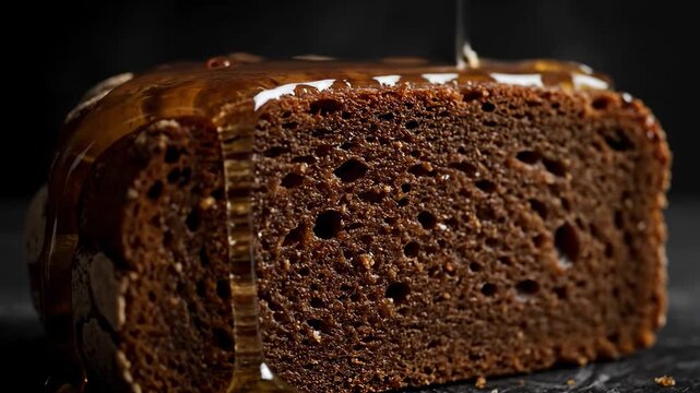 Golden honey dripping slowly onto a slice of dark brown rye bread in a dramatic, close-up shot against a black background, highlighting texture and sweetness.