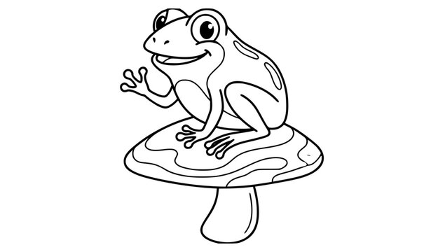 Cute smiling frog sitting sideways on mushroom black and white outline vector illustration