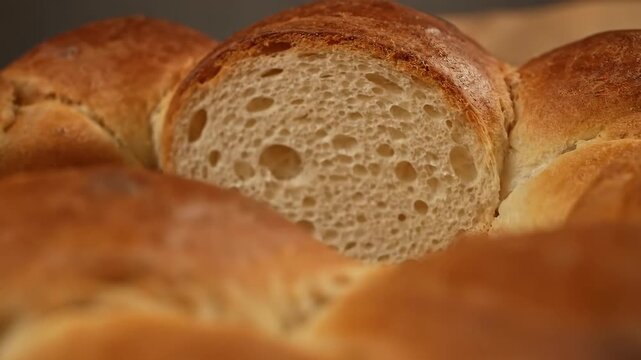 Close-up of Freshly Baked Golden Brown Bread Loaf with Glossy Crust, Highlighted Detail of Artisanal Homemade Baking Texture