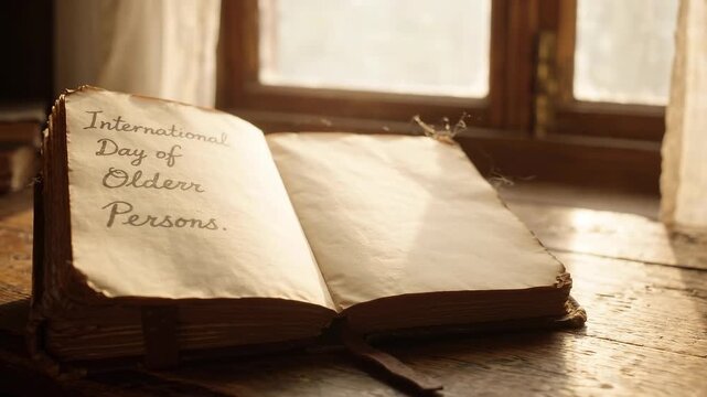 Vintage open book with handwritten message on a rustic wooden table by the window during daytime