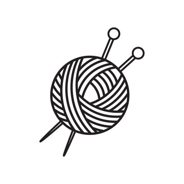 Minimalist line icon featuring a round ball of wool yarn pierced with two crossed single-pointed knitting needles.