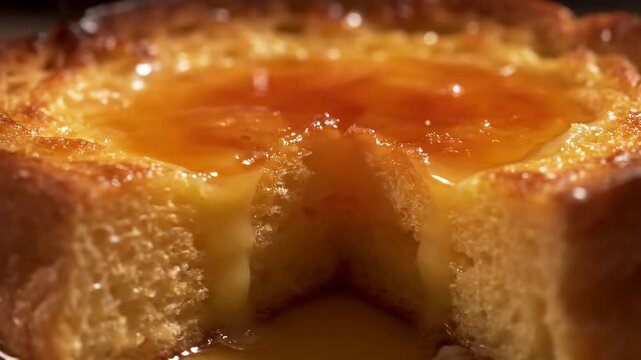 Luxurious close-up of golden dessert bread or brioche pudding soaked in thick, glossy honey or caramel glaze, showing the rich, moist texture after a slice is removed.