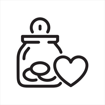 Thin outline icon tip jar or donation jar with a heart symbol. Line sign charity and donation, sponsorship contribution, humanitarian aid. Vector isolated pictogram on white background.