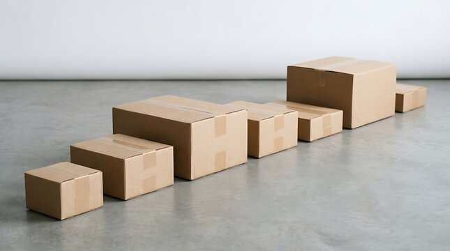 Row of various sized brown cardboard boxes for shipping and packaging on a grey concrete floor background