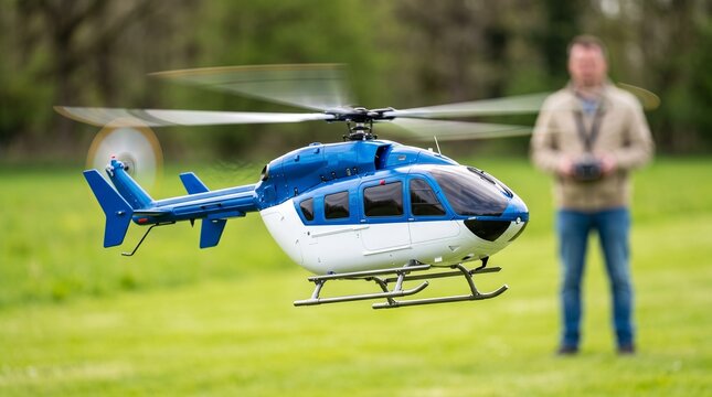 A man controlling a blue and white radio-controlled model helicopter outdoors in a field