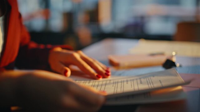 Closeup woman hands reading paperwork desk. Female specialist checking report.