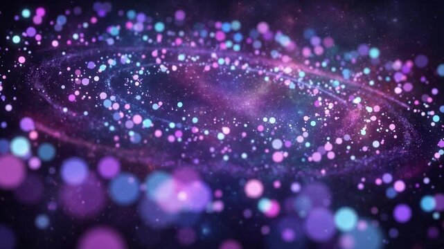Purple, blue, and pink diffused bokeh highlights slowly swirl through layered blur, creating a futuristic cosmic background for technology, digital media, cinematic video, and design.