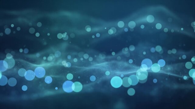 Cool teal and blue translucent bokeh spots drift through layered depth with luminous haze, creating a calm abstract background for technology, presentations, video, and motion design.