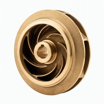 A detailed close-up of a centrifugal pump impeller made of brass. 