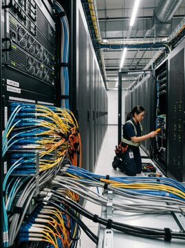 Female technician inspecting server equipment in a data center corridor