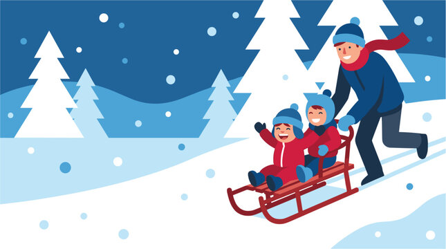 Father pushing children on a sled down a snowy hill, winter fun
