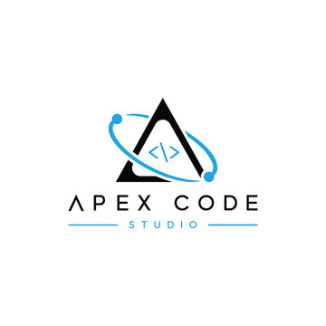 A bold black letter 'A' is integrated with a central code bracket symbol and is surrounded by a swirling blue orbital ring containing two nodes.