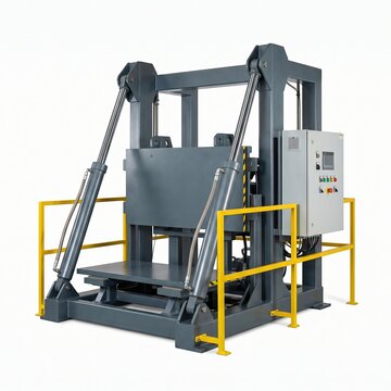 Heavy industrial hydraulic press machine used in manufacturing. 