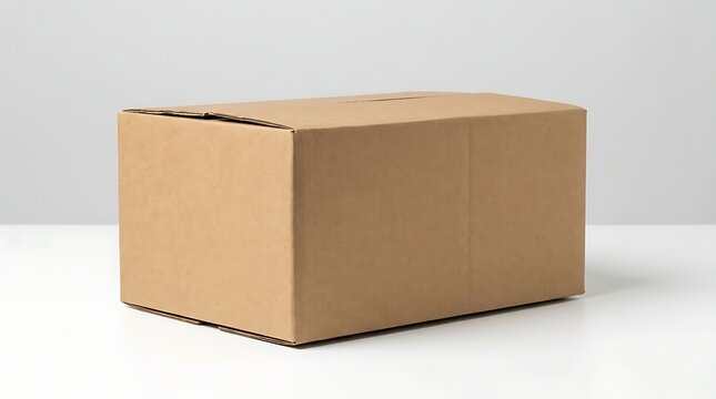 Closed rectangular cardboard delivery box sitting on a clean white surface, ready for shipping, storage, or transport of goods, representing efficient logistics and modern packaging solutions
