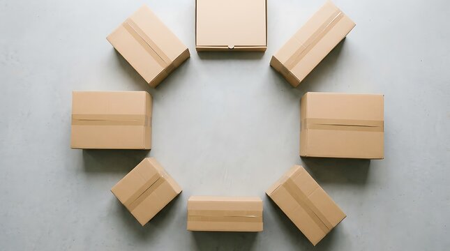 Eight brown cardboard boxes arranged in a perfect circle on a light grey floor, symbolizing efficient logistics, global distribution, and a continuous supply chain