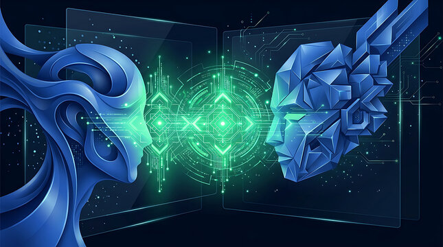 Digital minds facing across glowing data streams symbolizing artificial intelligence evolution and connection concept
