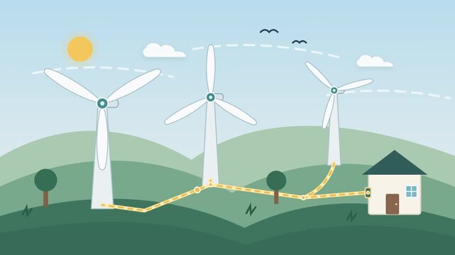 Rotating wind turbines generating clean electrical energy for residential homes in this seamless motion graphic animation loop video clip today