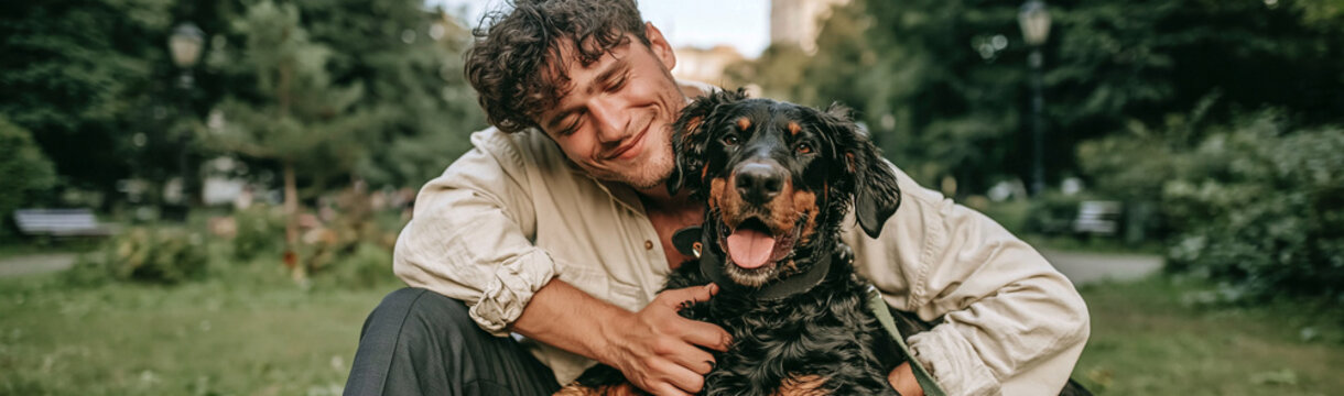 A Moment of Companionship: A young man and his loyal dog share a tender embrace in a park, surrounded by lush greenery.