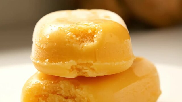 Extreme close-up of bright orange sorbet cubes stacked together, highlighting the icy frozen texture and sugar crystals on the surface.