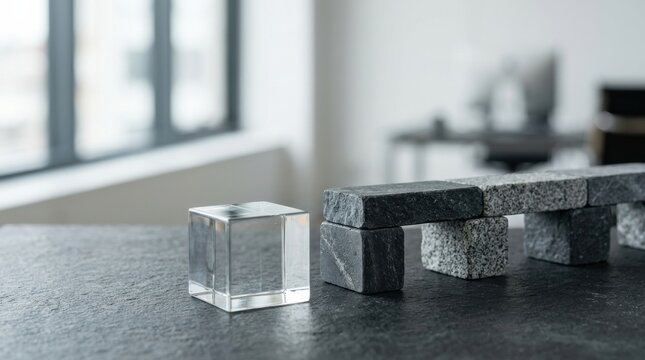 Clear glass cube beside stacked rough stone blocks on dark surface