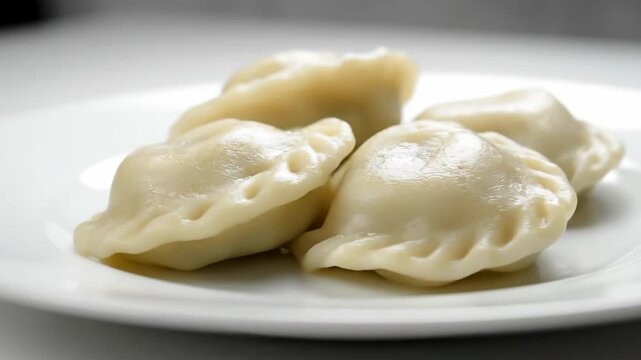 Close-up macro shot of freshly boiled traditional Polish pierogi or Eastern European dumplings (vareniki) served hot on a clean white ceramic plate, ready for consumption.