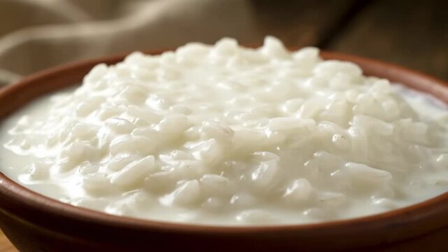 Close-up of traditional homemade rice pudding (Arroz con leche) served hot and creamy in a rustic terracotta bowl on a wooden background.