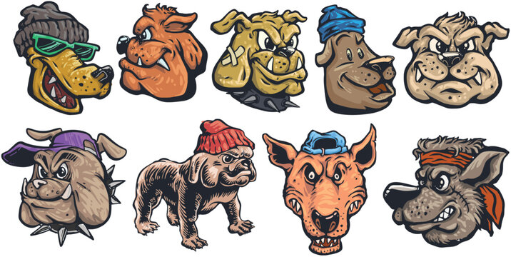 grumpy bad street dog hound head character cartoon vector graphic set