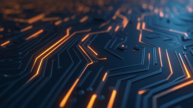 Abstract circuit board digital technology video. Glowing orange energy lines flow through dark blue motherboard pathways. Futuristic high-tech animation for data processing and networking power.