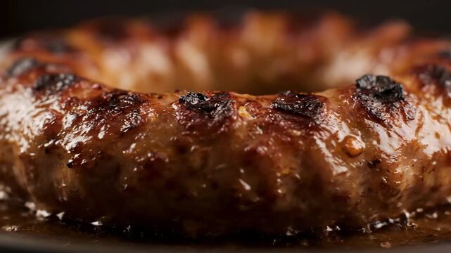 Macro close-up of a sizzling, juicy ring sausage perfectly grilled or fried on a hot surface, featuring rich brown color and caramelized texture, ideal for BBQ or meat cuisine concepts.