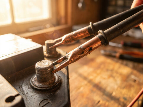 Copper welding electrode touching battery post during electrical repair, warm workshop light creates focused technical mood