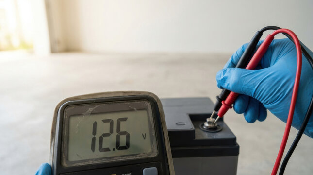 Technician checking battery voltage with digital multimeter, testing electrical power safely in workshop environment