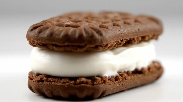 Macro close-up of a dark chocolate sandwich cookie filled with thick, creamy white vanilla frosting, isolated against a bright white background for food advertising and packaging design.