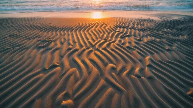 Tropical beach sunset stock video. Intricate sand ripple patterns on the shore with soft ocean waves and golden sunlight. Serene coastal landscape for nature and travel documentary backgrounds.