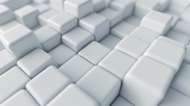 White 3D cubes abstract background animation. Rows of square blocks move vertically in a soft geometric pattern with shallow depth of field. Minimalist loop for technology and corporate video.