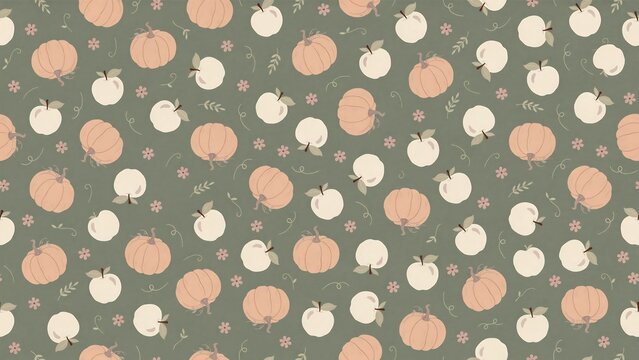 Seamless pattern with light orange pumpkins and white apples on a muted green background