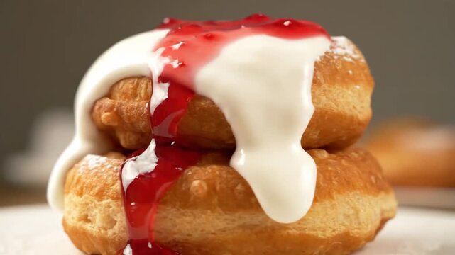 Decadent close-up of stacked golden fried pastry (like donuts or beignets) generously topped with creamy white icing, powdered sugar, and rich red berry jam dripping down the sides.