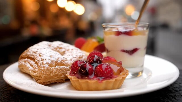 Gourmet European Breakfast Plate with Flaky Puff Pastry, Fresh Raspberry Tart, and Layered Yogurt Parfait Served Outdoors at a Cafe Terrace with Bokeh Background.